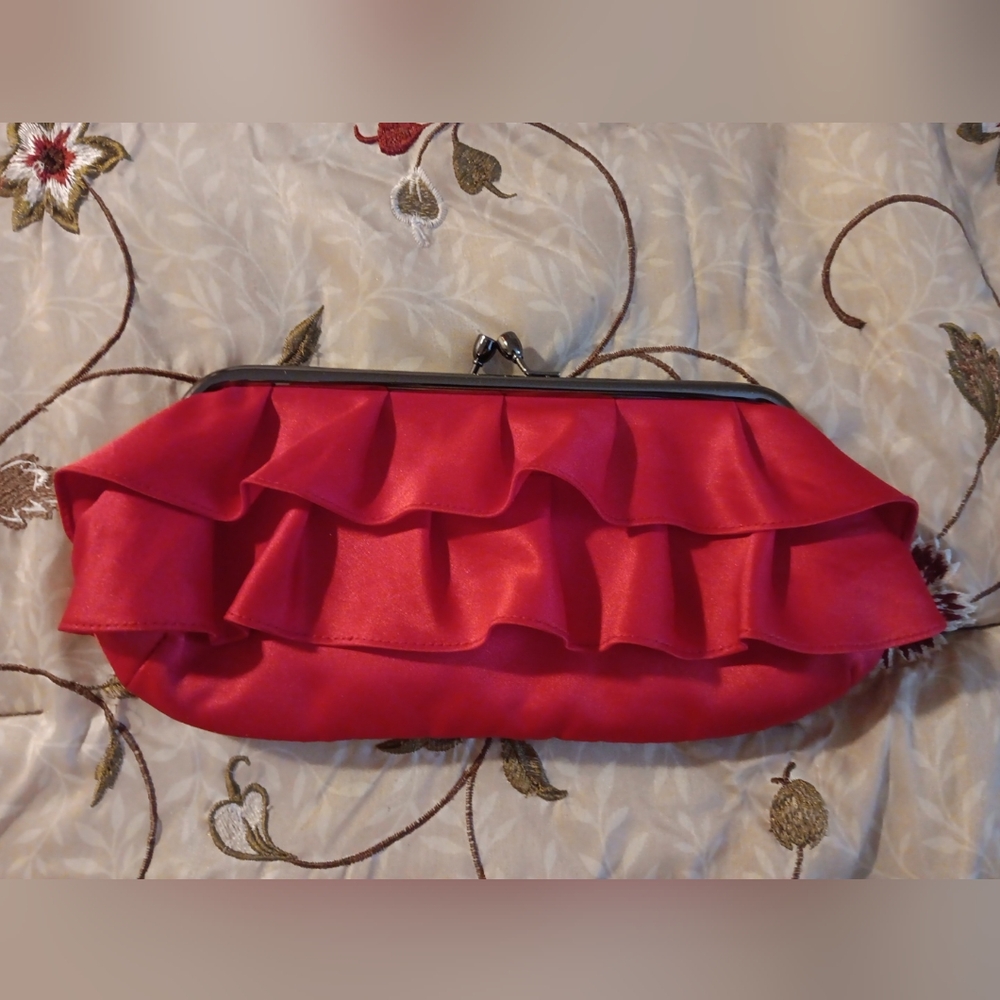 red satin Hollywould x Target ruffle clutch with chain strap